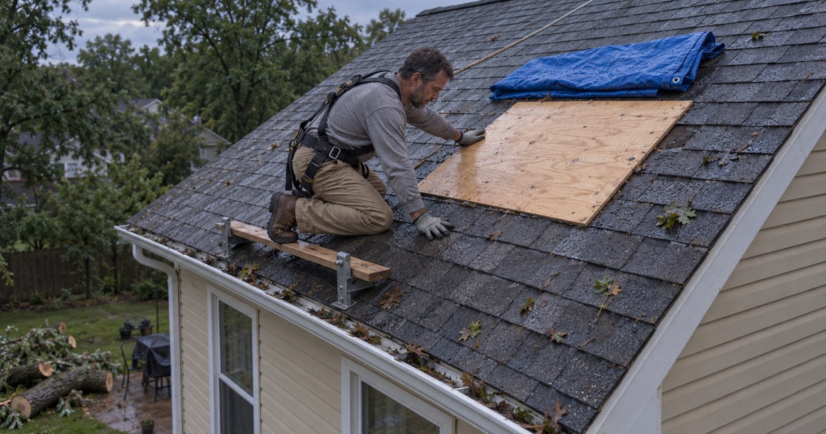 Plywood screwed over the hole a falling limb punched in the rear roof of a Blackwood colonial on a wet evening.