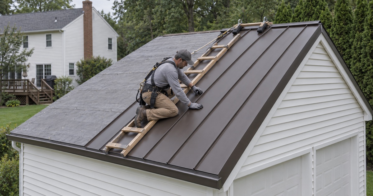Dark bronze standing-seam steel panels going onto a detached garage behind a colonial in the Davisville section of Gloucester Township.