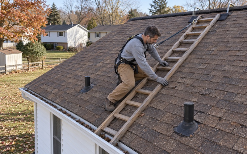 A roofer on a roof ladder checking cracked, cupped shingles on the upper roof of a 1970s split-level in Glendora.