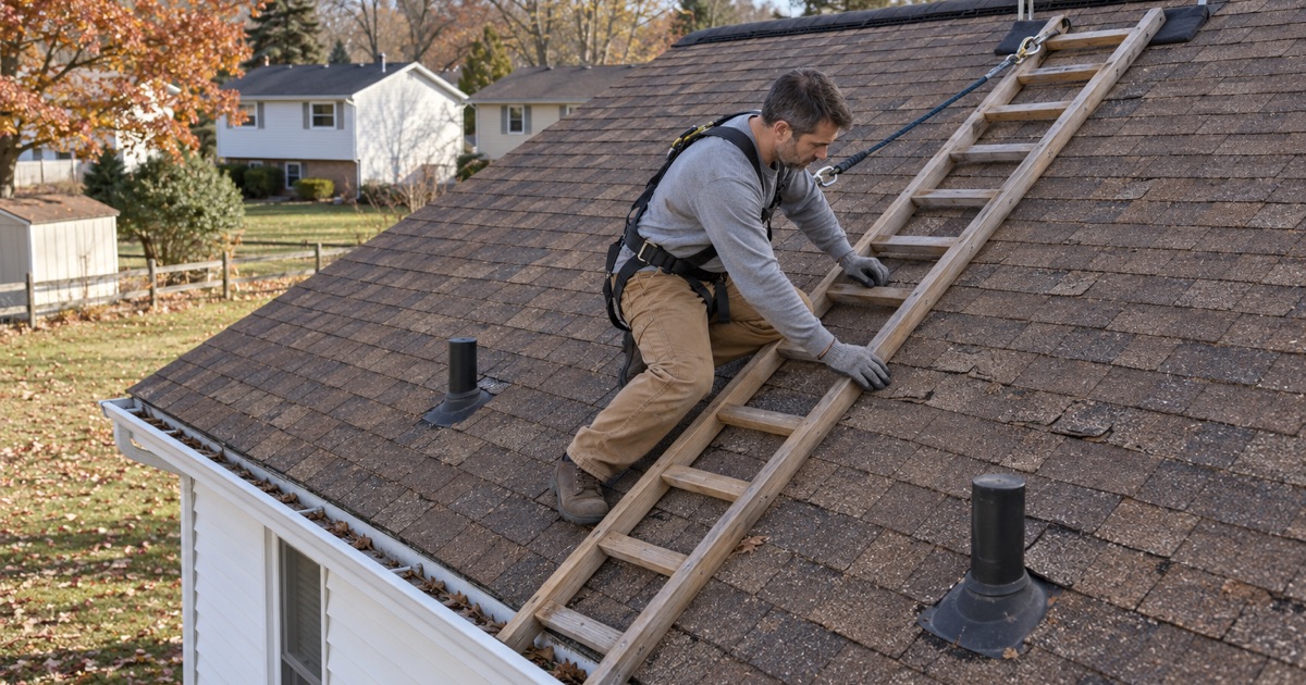 A roofer on a roof ladder checking cracked, cupped shingles on the upper roof of a 1970s split-level in Glendora.