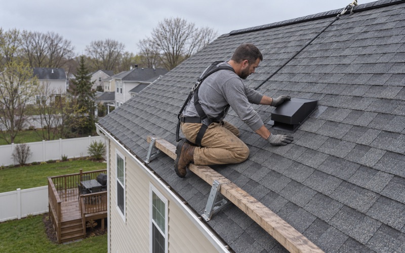 A new bathroom vent hood lapped into the shingles on the rear slope of an Erial colonial to stop a ceiling leak.