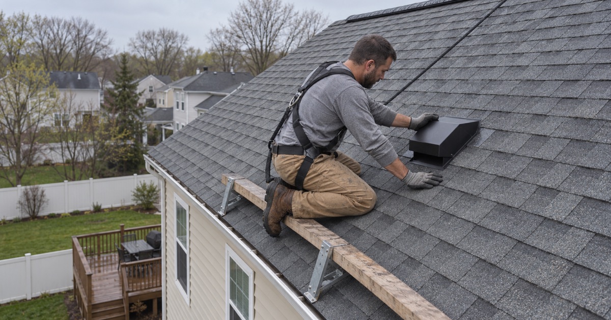 A new bathroom vent hood lapped into the shingles on the rear slope of an Erial colonial to stop a ceiling leak.