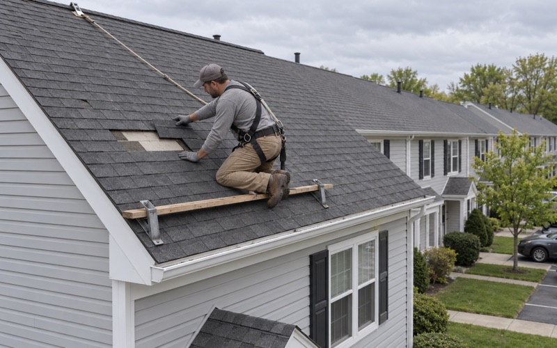 Matching shingles slid into a wind-blown gap on the end unit of a townhouse row near Lakeland in Gloucester Township.