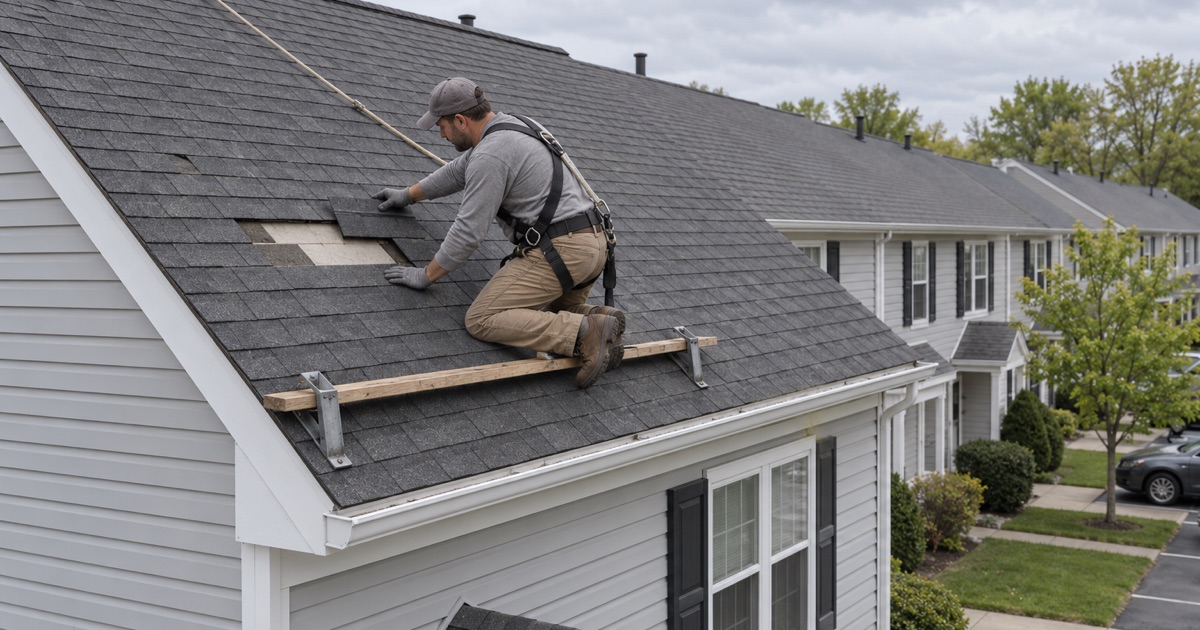 Matching shingles slid into a wind-blown gap on the end unit of a townhouse row near Lakeland in Gloucester Township.