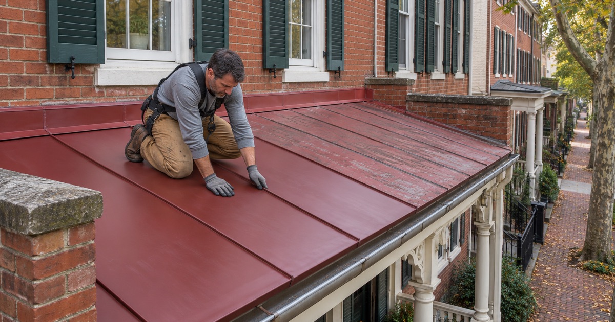 Red-painted flat-seam metal replaced like for like on the porch roof of an 1850s brick row house in Burlington City.