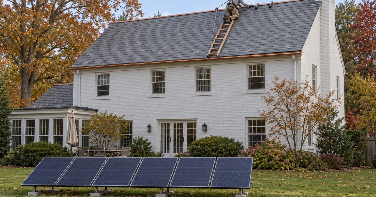 A roofer checking the copper ridge of a slate roof in Cinnaminson, the home’s solar array standing on the lawn rather than the roof.