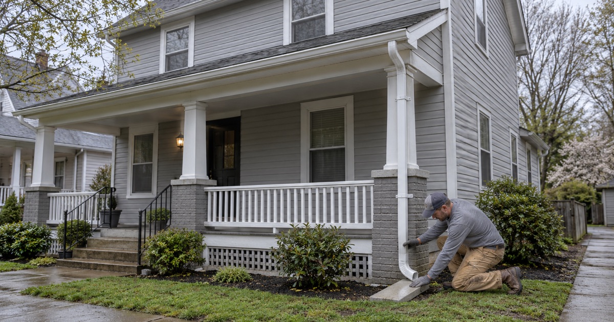 A downspout and splash block put right at the corner of a rental house in Collingswood