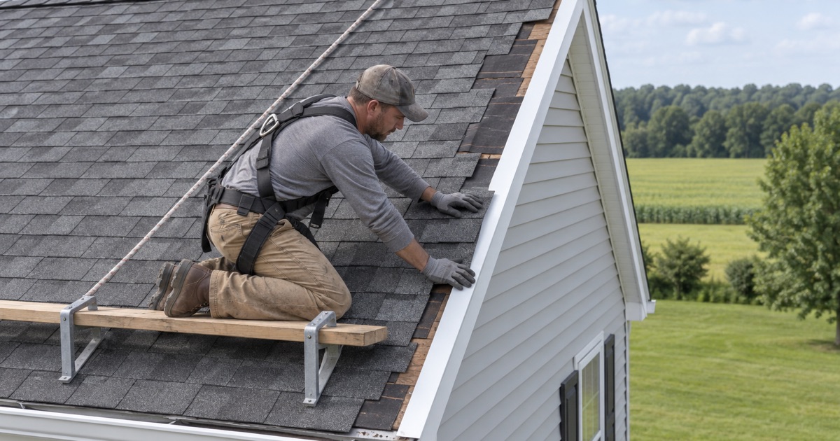 Shingles replaced along the gable edge of a house on a large lot in Concord Township after a summer wind storm