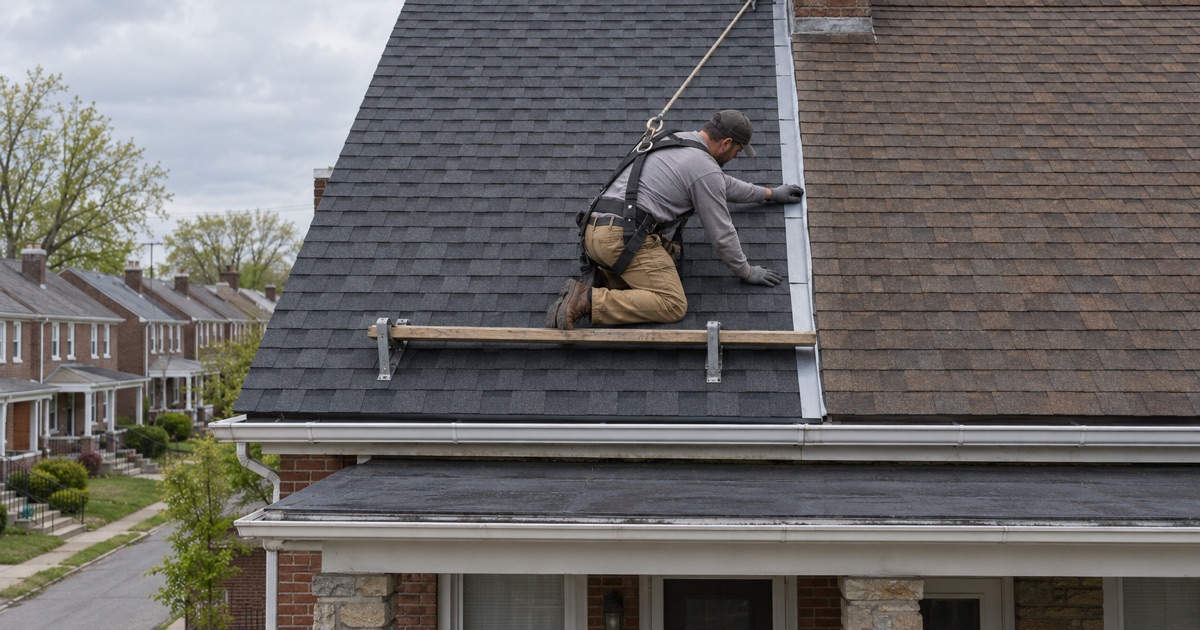 A new roof on one half of a brick twin house in Darby, stopping at the party wall