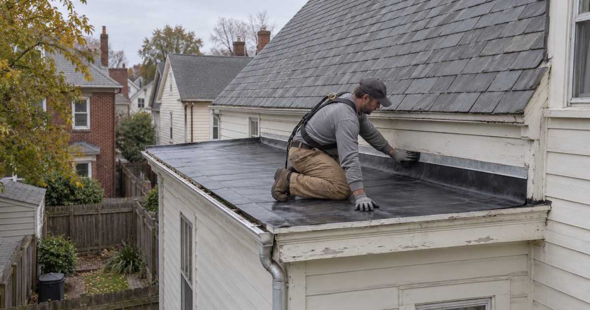 The flat rear roof of a 1900 frame house in Florence Township, meeting the back wall below the house’s slate main roof.