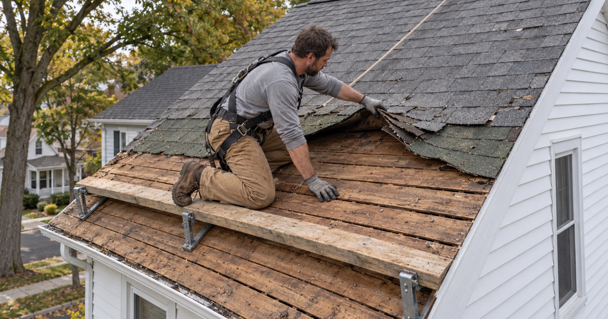 Earlier roof layers peeled back to the original board deck on an older frame house in Gloucester City