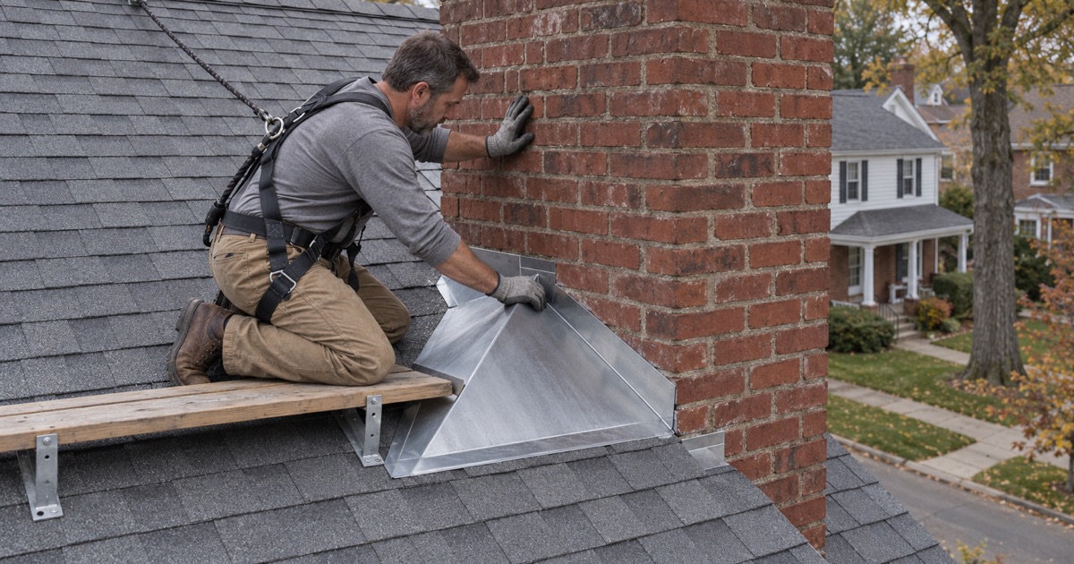 A new metal cricket behind a wide brick chimney on a 1930s house in Haddon Township, parting water around the chimney.