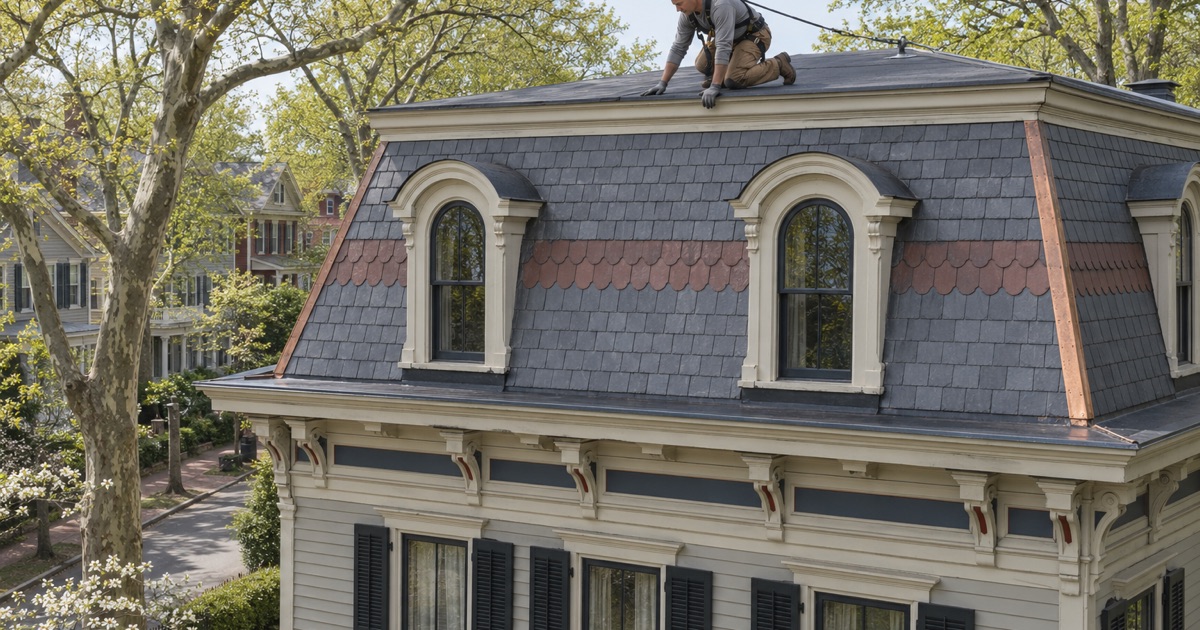 The banded slate face of a Second Empire mansard roof on an 1870s house in Haddonfield, a roofer at its top edge.