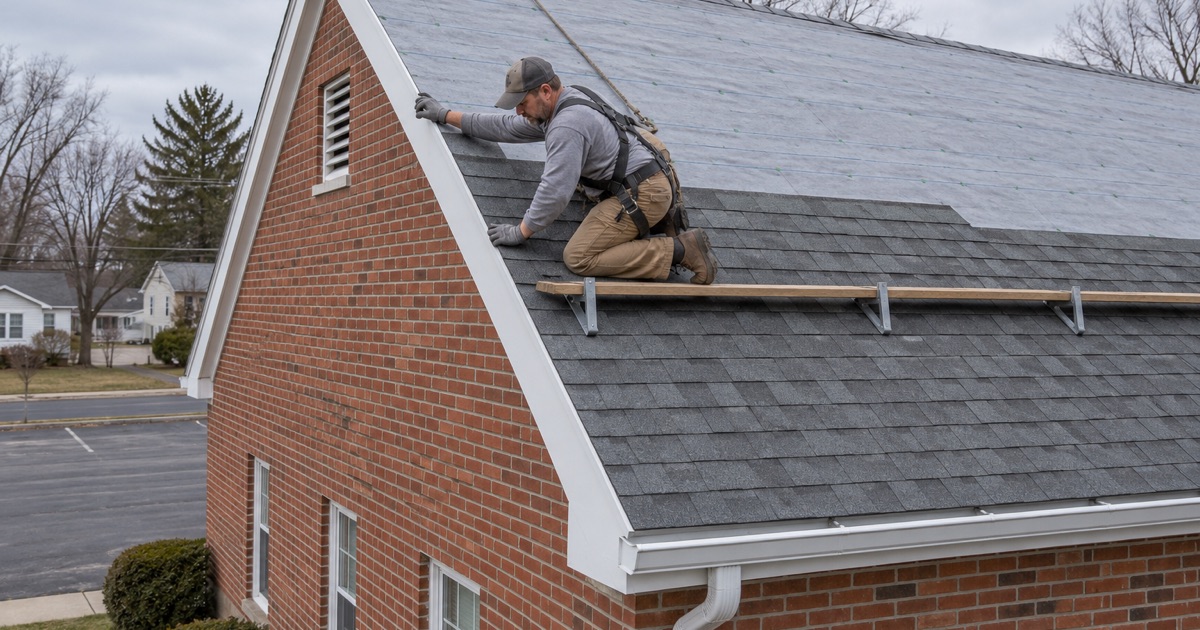 New shingles going onto the steep gable roof of a plain brick church hall on a quiet side street in Hammonton.