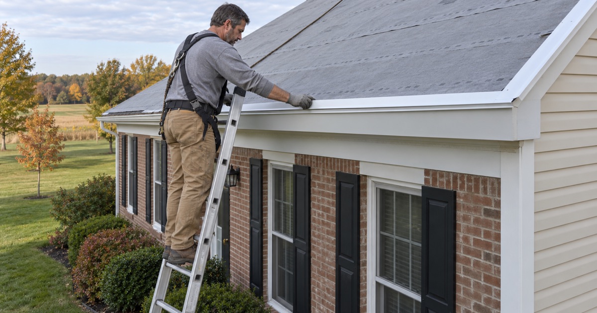 A new drip edge set along the eave of a 1990s Mullica Hill colonial in Harrison Township during its first roof replacement.