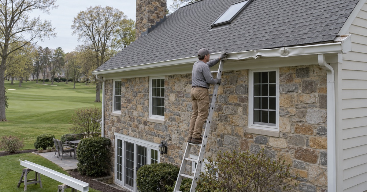A golf-ball-dented gutter taken down from the rear eave of a Lower Moreland house that backs onto a golf course.