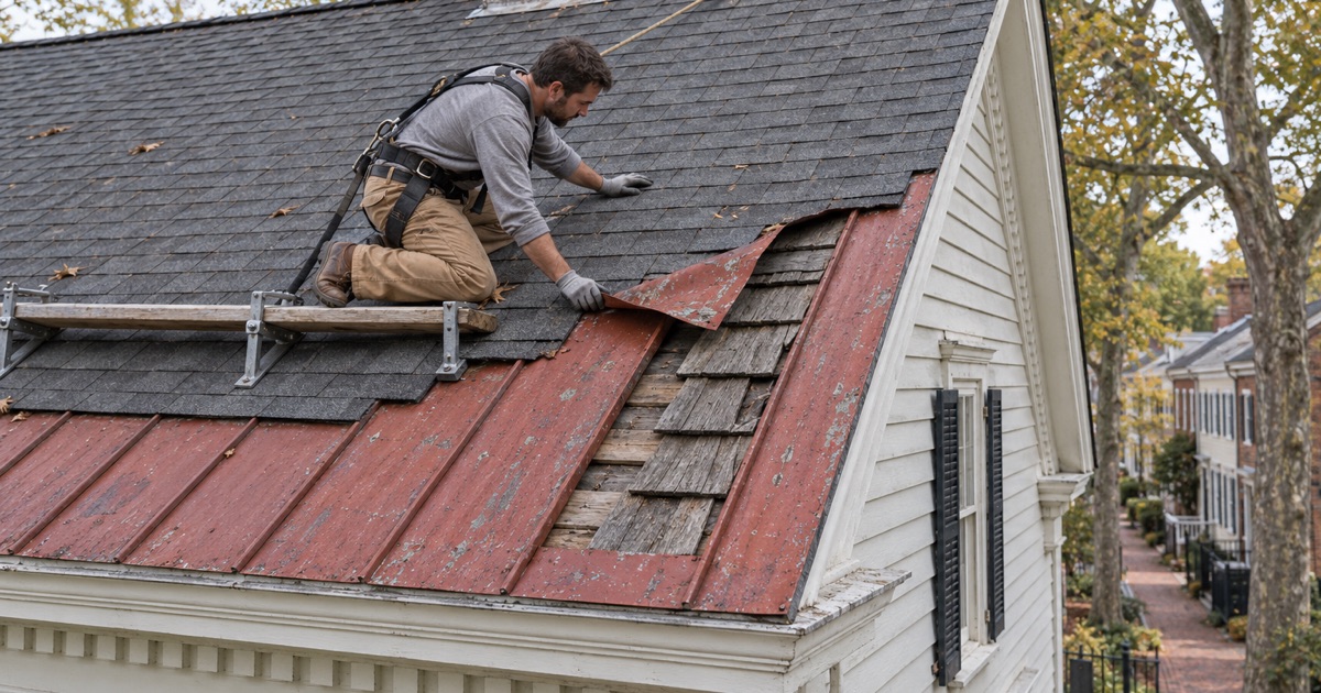 Old red raised-seam tin and cedar shakes found under the asphalt shingles of an early 1800s house in Mount Holly.