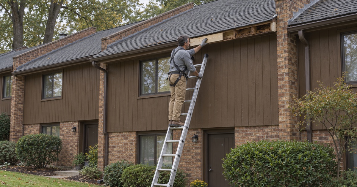 A rotted rafter tail sistered on one unit of a Wallingford townhouse row in Nether Providence Township.