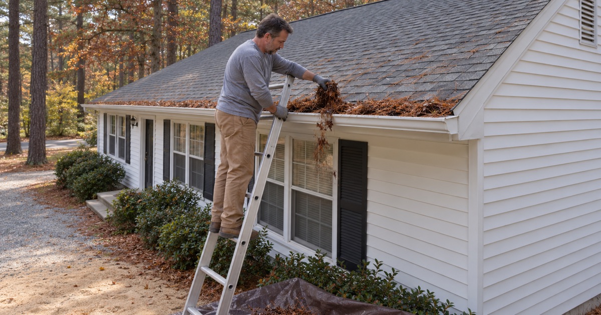 Pine needles cleared from the gutter of a ranch on a shaded, pine-crowded lot in Pine Hill