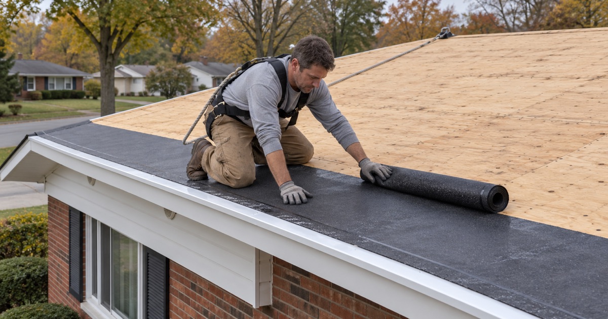 A low-pitch ranch roof in Plymouth Township rebuilt at the eave with underlayment over a sound deck