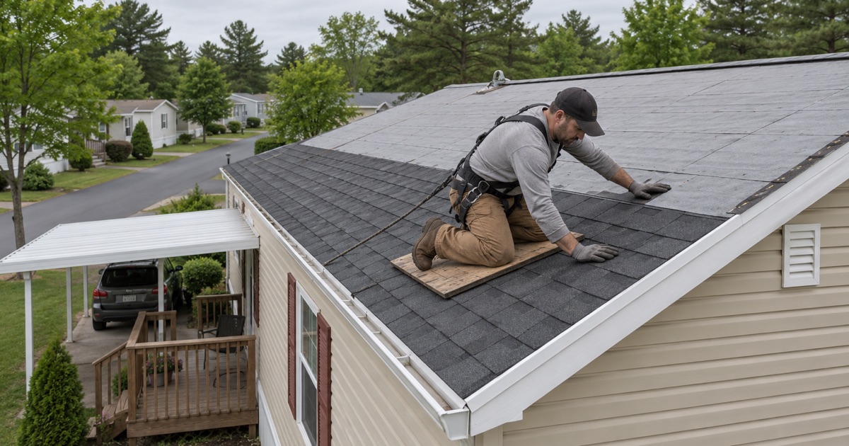 New shingles going onto the low peaked roof of a single-wide manufactured home in Southampton Township.