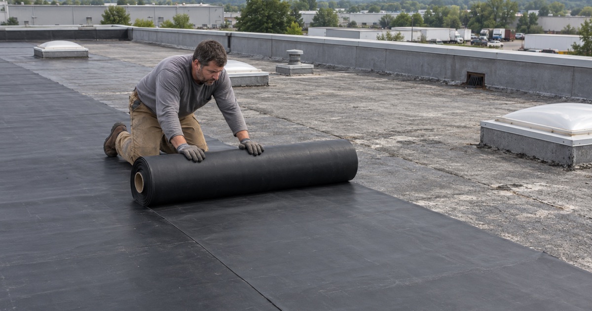 Black EPDM membrane rolled out across the low-slope roof of a block warehouse in an Upper Chichester industrial district.