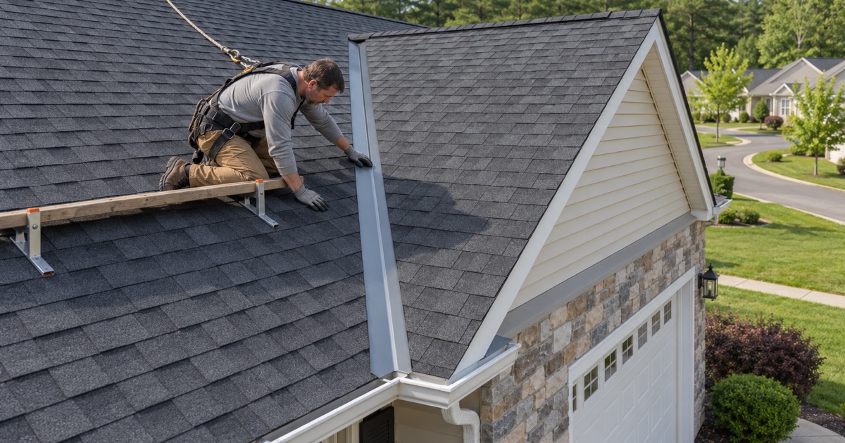 An open metal valley where the garage roof ties into the main roof of a one-story home in a Waterford Township 55-and-over community.
