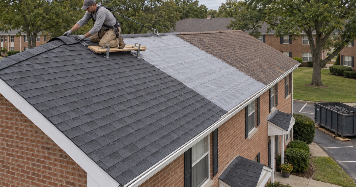 One section at a time: a ridge cap set on the newly shingled part of an occupied garden apartment building in Woodbury.