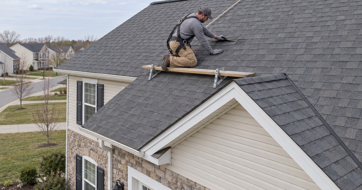 An unsealed shingle near the ridge of a newer house in Woolwich Township pressed back down